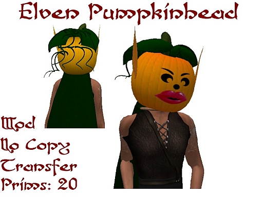 Elven PumpkinHead - Lips  [ English ] A fun halloween costume with some elven flair. This pumpkinhead can be worn on your head and replaces you head. The pumpkin heads come carved in 4 different faces. And, they come with matching elven ears, leaves on top, and vines for hair. The costume also comes with a simple, matching green cloak. Wear this costume to your favorite costume party...  These are items are mod/no copy/transfer.... and only L$100. 